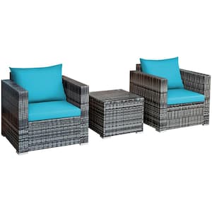 3-Piece Wicker Rectangular 16 in. Outdoor Bistro Set with Blue Cushions