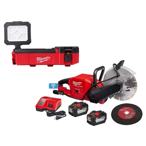 Milwaukee M12 12V Lithium-Ion Cordless PACKOUT Flood Light and M18 18V 9 in. Cut Off Saw Kit W/(2) 12.0Ah Batteries and Charger