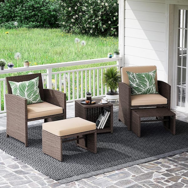 5-Piece Wicker Brown Outdoor Conversation Set with Ottomans and Side Table, Beige Cushions