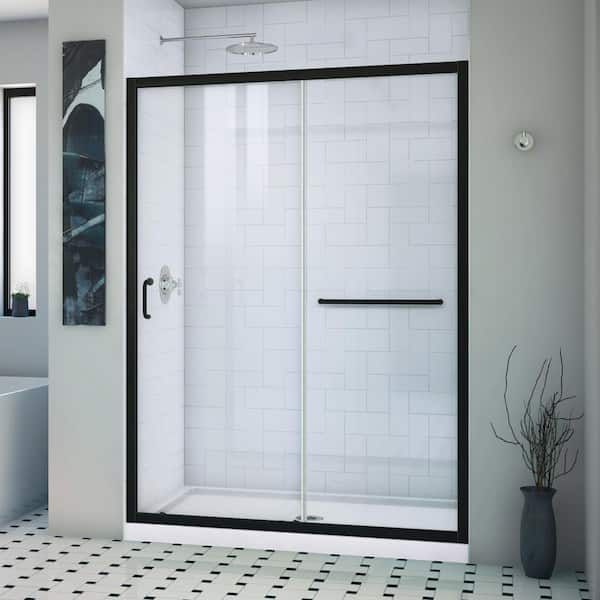 DreamLine Infinity-Z 54 in. W x 74.75 in. H Sliding Semi-Frameless Shower Door in Matte Black with Clear Glass and Base