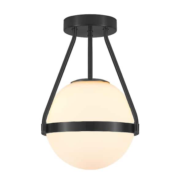 YANSUN 10 in. 1-Light Black Mid Century Modern Globe Semi-Flush Mount Ceiling Light with White Frosted Glass Shade for Bedroom