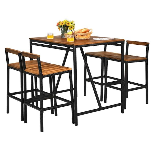 ANGELES HOME 5-Pieces Acacia Wood and PE Rattan Outdoor Serving Bar with Umbrella Hole