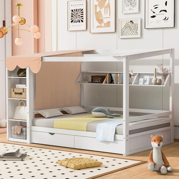 Qualler White Wood Frame Full Size Canopy Bed with Wardrobe and 2-Drawers