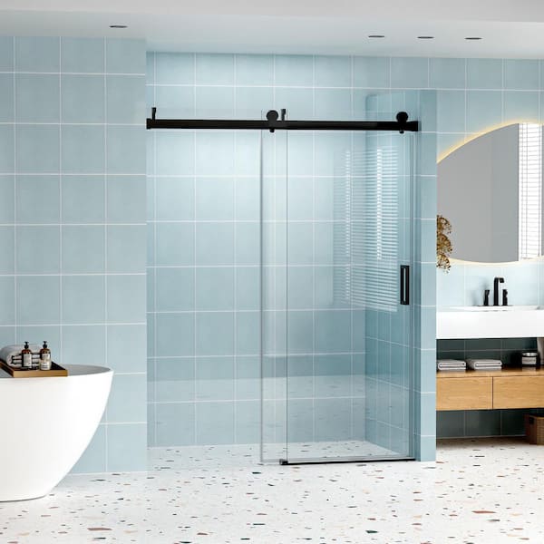 Abruzzo 60 in. W x 76 in. H Frameless Single Sliding Shower Door in Matte Black with Tempered Clear Glass