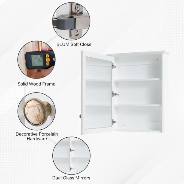 WELLFOR 24 in. W x 30 in. H Medium Rectangular White Wood Frame Surface Mount Medicine Cabinet with Mirror