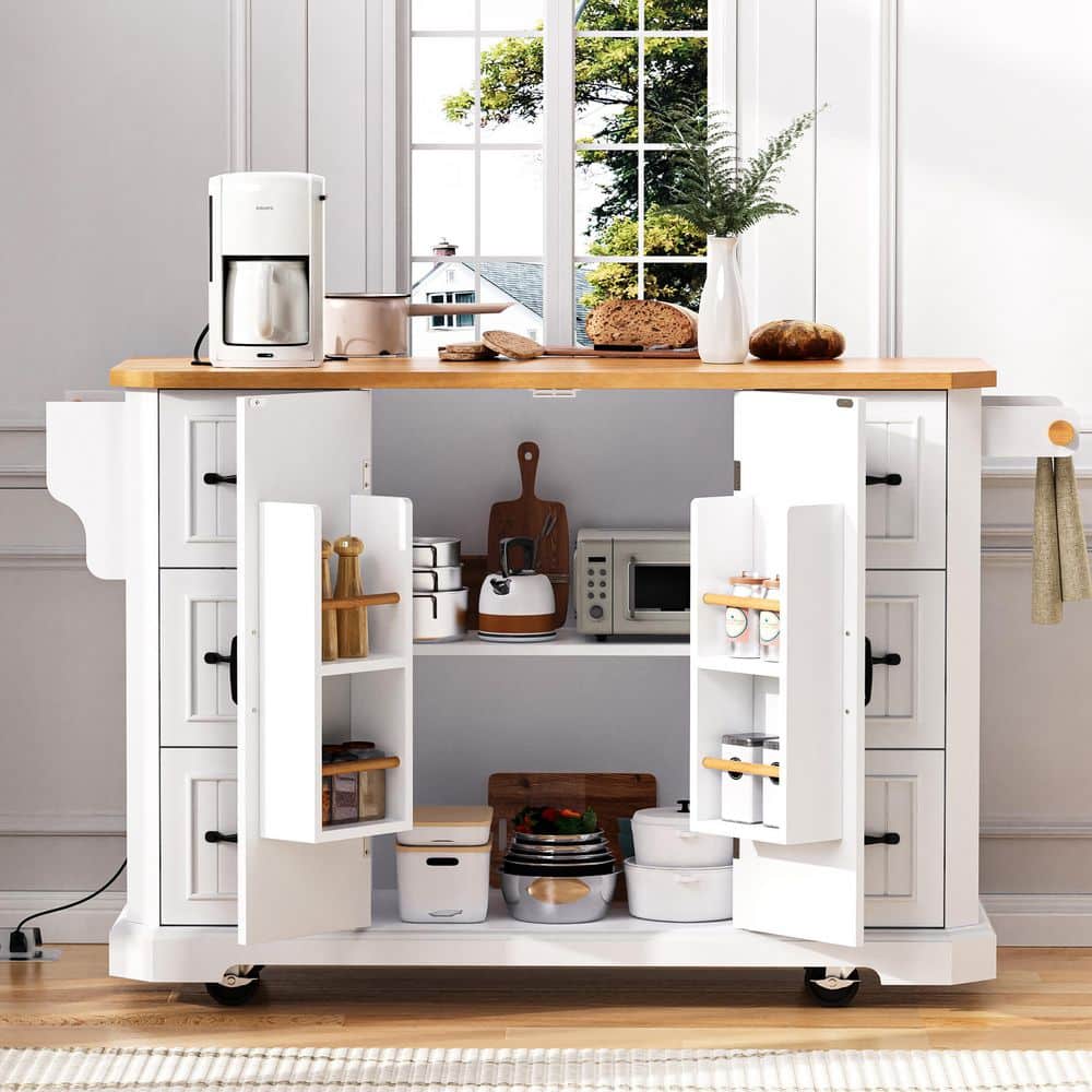 White Rubber Wood Top 56 in. Kitchen Island on 4-Wheels with 6-Deep Drawers