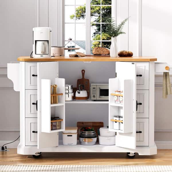 RKZHOPT White Engineered Wood Top 56 in. Kitchen Island on 4 Wheels with 6 Deep Drawers,Drop Leaf