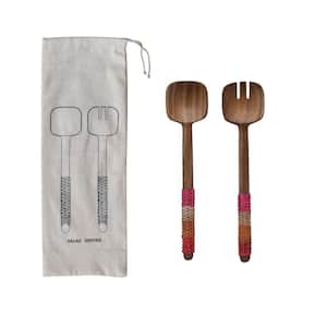 2-Piece Teakwood Salad Servers with Rattan Wrapped Handles and Drawstring Bag