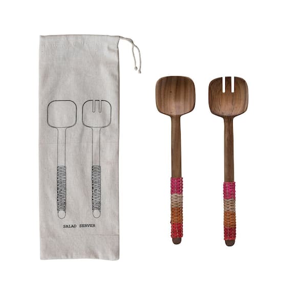 Storied Home 2-Piece Teakwood Salad Servers with Rattan Wrapped Handles and Drawstring Bag