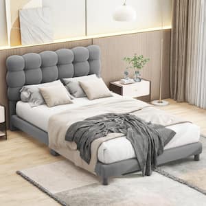Gray Wood Frame Twin Size Velvet Upholstered Platform Bed with Soft Plump Square-Tufted Headboard, Additional Legs