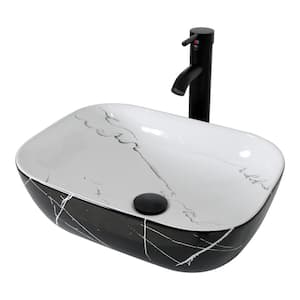 Black and White Hand-Painted Rectangular Ceramic Basin with Faucet Pop Up Drain Set