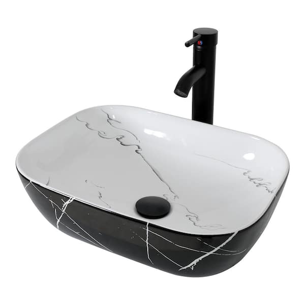 Puluomis Black and White Hand-Painted Rectangular Ceramic Basin with Faucet Pop Up Drain Set