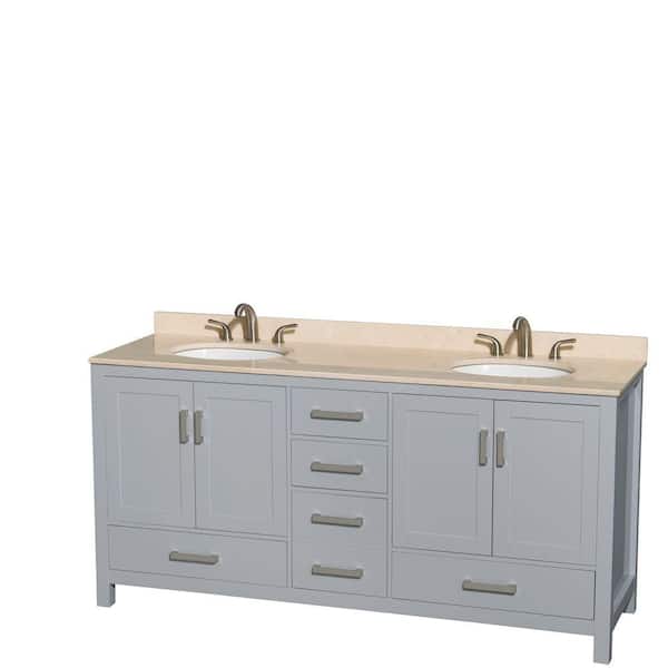 Wyndham Collection Sheffield 72 in. W x 22 in. D Vanity in Gray with Marble Vanity Top in Ivory with White Basins