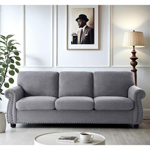 Chester 91 in. Wide Rolled Arm Velvet Modern Rectangle Sofa in. Grey
