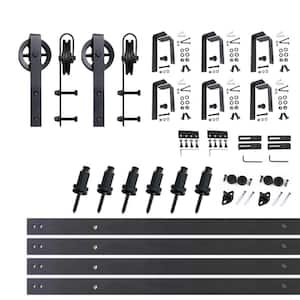 8 ft./96 in. Black Rustic Double Track Bypass U-Shape Sliding Barn Door Hardware Kit - Spoke Wheel Design Roller