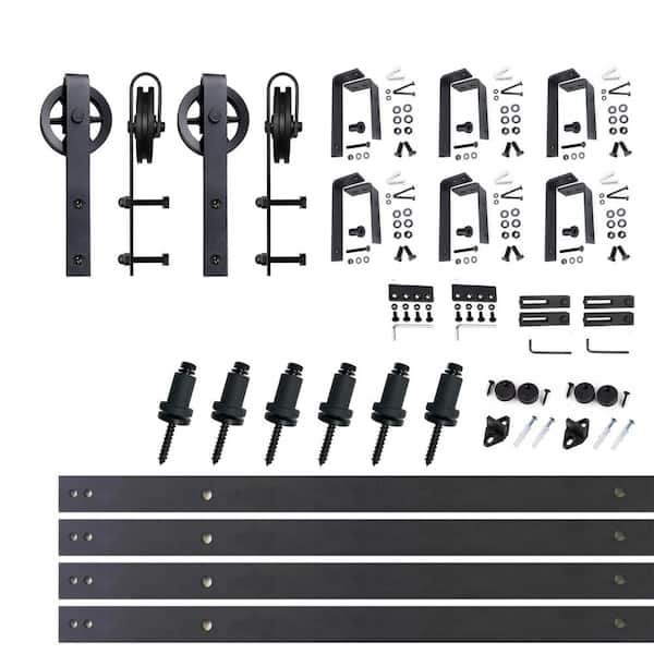 HOMACER 8 ft./96 in. Black Rustic Double Track Bypass U-Shape Sliding Barn Door Hardware Kit - Spoke Wheel Design Roller