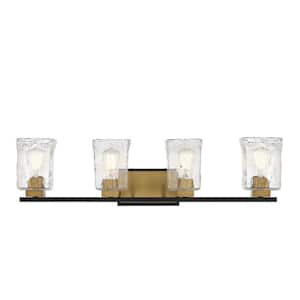 Sidney 32 in. W x 8 in. H 4-Light Matte Black with Warm Brass Accents Bathroom Vanity Light with Clear Glass Shades