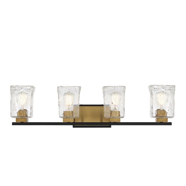 Savoy House Sidney 32 in. W x 8 in. H 4-Light Matte Black with Warm Brass Accents Bathroom Vanity Light with Clear Glass Shades