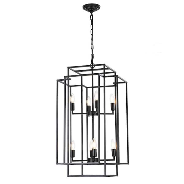 Talaria 19 in. 8-Light Matte Black Lantern Tiered Chandelier Light Fixture with Caged Metal Shade