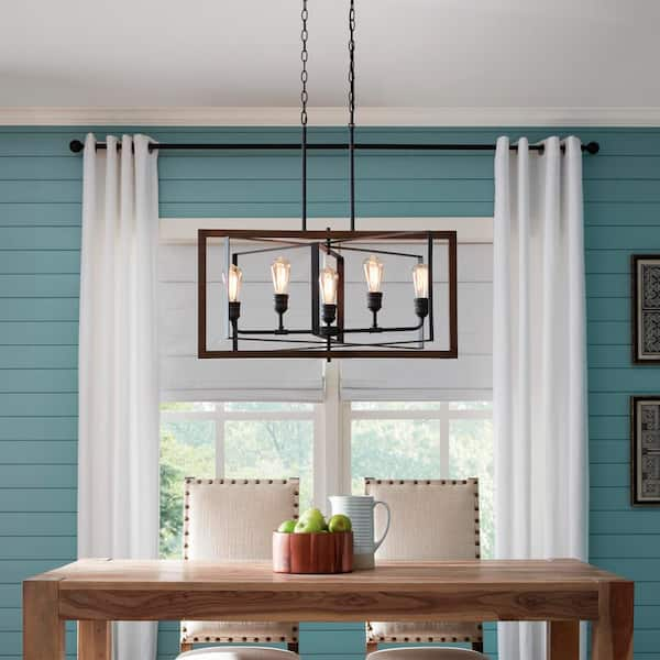 Palermo Grove 5-Light Black with Walnut Accent Linear Coastal Chandelier for Kitchen Island and Dining Room with Bulbs