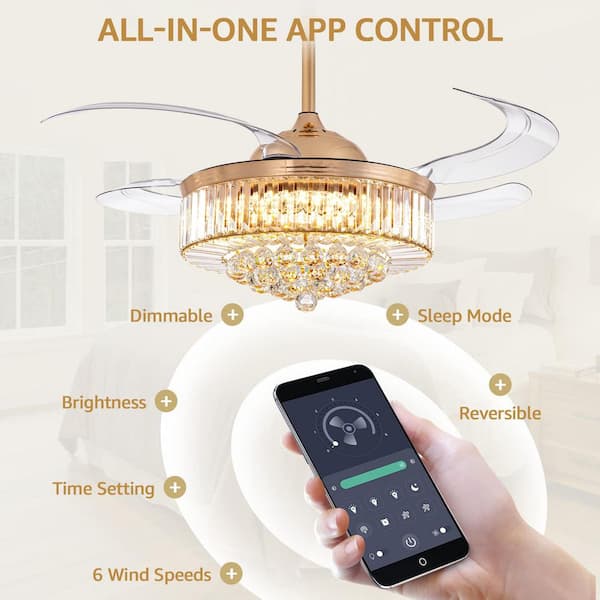 Modern 48 in. Smart Indoor Gold Crystal Retractable Invisible Chandelier Ceiling Fan with Dimmable Integrated LED