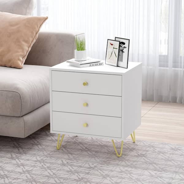 WIAWG 3-Drawer White Nightstands With Metal Legs, Side Table Bedside Table 21.6" H x 19.6" W x 15.7" D