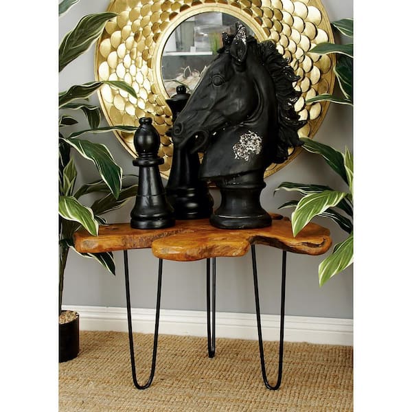 Litton Lane 28 in. Brown Medium Round Wood Handmade Live Edge Top Coffee Table with Black Metal Hairpin Legs