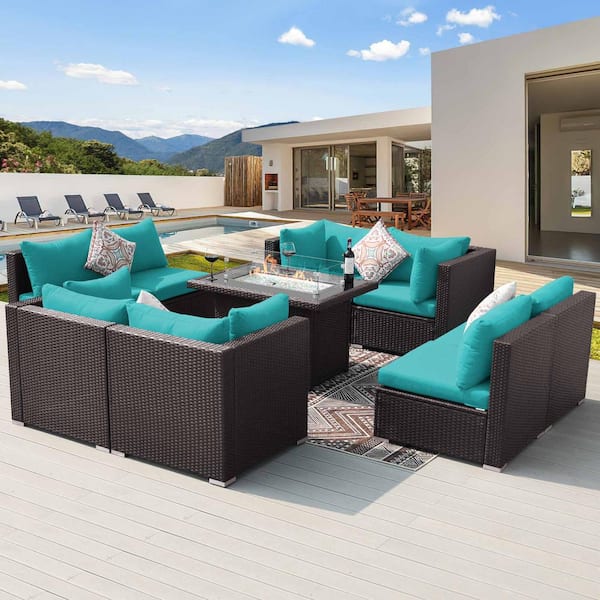 FINCATI 9 Piece Luxury Espresso Wicker Patio Fire Pit Conversation Sectional Deep Seating Sofa Set with Teal Cushions