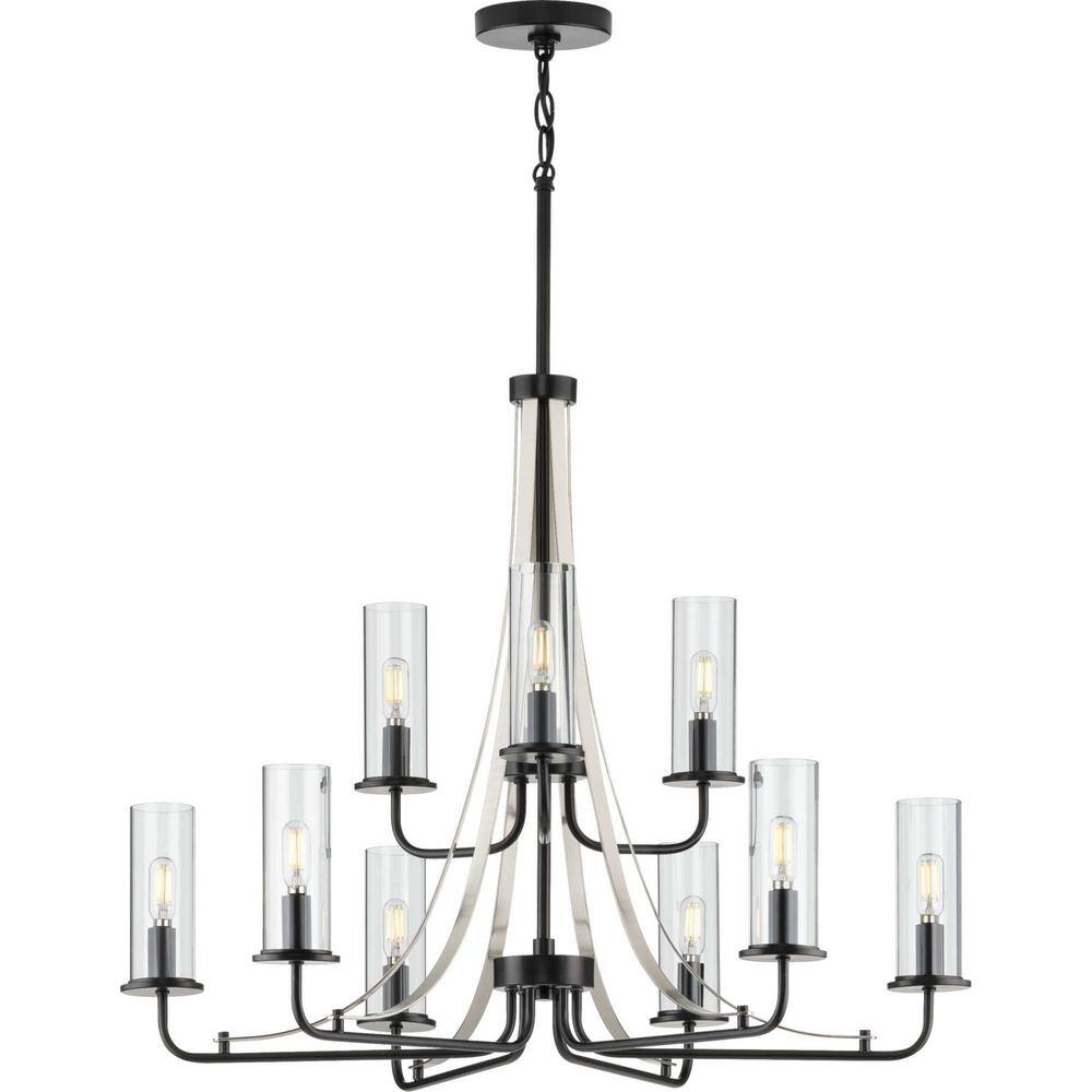 Riley Black and Brushed Nickel 9-Light Chandelier with Clear Glass Shades