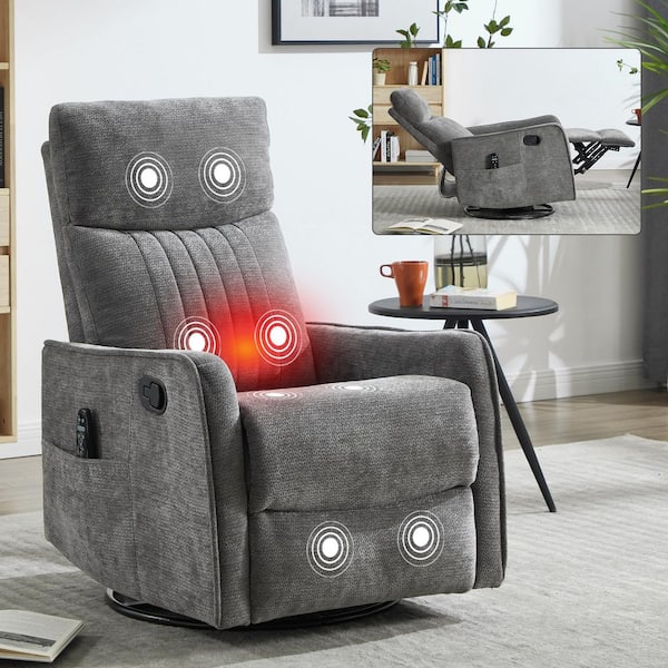 Dark Gray Chenille Rocker Swivel Recliner Chair with Heat Massage, for Living Room