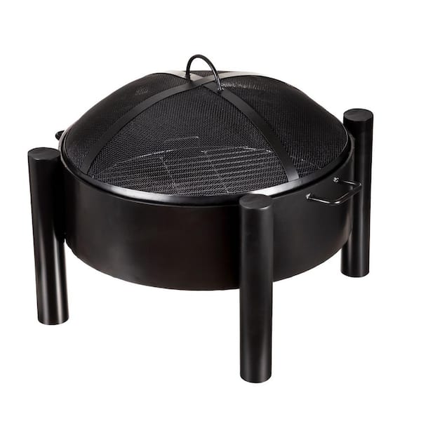 PLOW & HEARTH Round 29 in. x 22 in. Outdoor Black Metal Wood-Burning Fire Pit with Legs and Domed Spark Guard