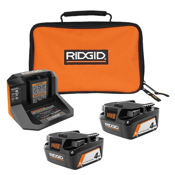 RIDGID 18V Lithium-Ion (2) 4.0 Ah Battery Starter Kit with Charger and Bag