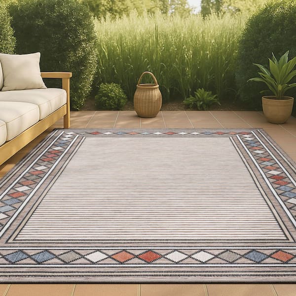 JONATHAN Y Sebastian Brown/Ivory 8 ft. x 10 ft. High-Low Modern Diamond Border Indoor/Outdoor Area Rug
