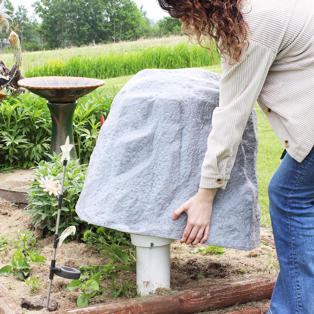 Gray Polyresin Faux Landscape Rock Cover with Metal Stakes