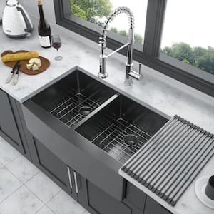 36 in. Farmshouse Double Bowl 16 Gauge Gunmetal Black Stainless Steel Kitchen Sink with Bottom Grids