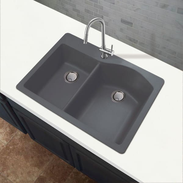 Aversa Drop-in Granite 33 in. 2-Hole 1-3/4 D-Shape Double Bowl Kitchen Sink in Grey