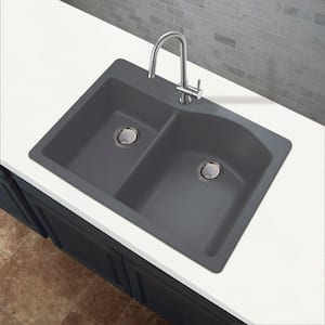 Aversa Drop-in Granite 33 in. 1-Hole 1-3/4 D-Shape Double Bowl Kitchen Sink in Grey