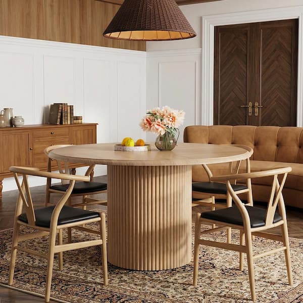 Oak Round Wood 47 in. W x 29.5 in. H Pedestal Kitchen Dining Table with Cylindrical Fluted Metal Base Seats 4