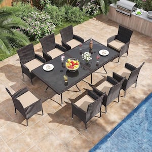 10-Piece Wicker Square Patio Outdoor Dining Set with Glass Tabletop and 1.5 in. Umbrella Hole, Sand Cushion