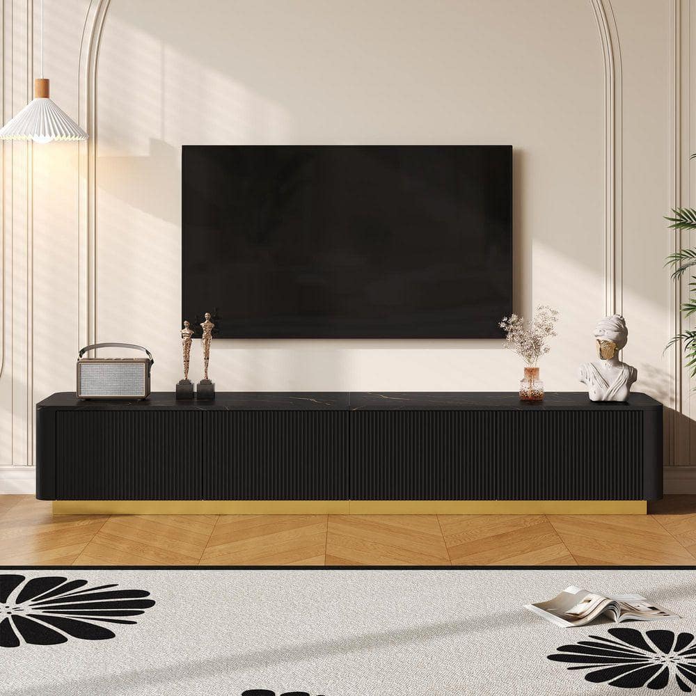 [S146-200]モダン テレビスタンド ブラック ウッド Qualler Fluted Black TV Stand Fits TV's up to 85 in. with 4