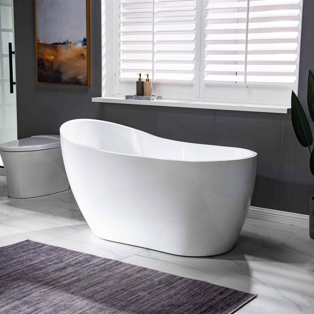 54" White Acrylic Freestanding Slipper Soaking Tub with Matte Black Trim