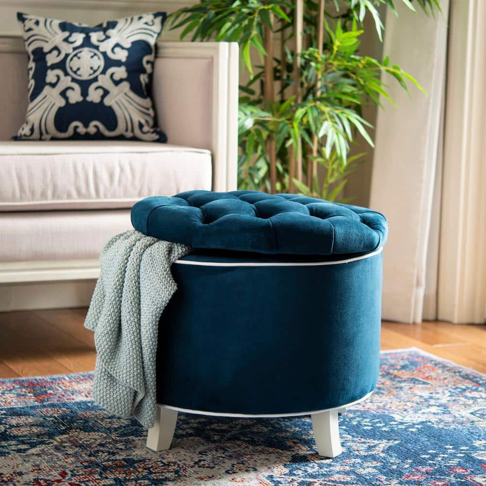 Transitional Black Tufted Round Storage Ottoman with Oak Legs