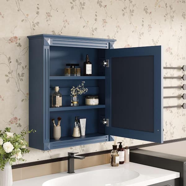 FAMYYT 24 in. W x 28 in. H Blue Rectangular Wooden Medicine Cabinet with Mirror and Adjustable Shelf
