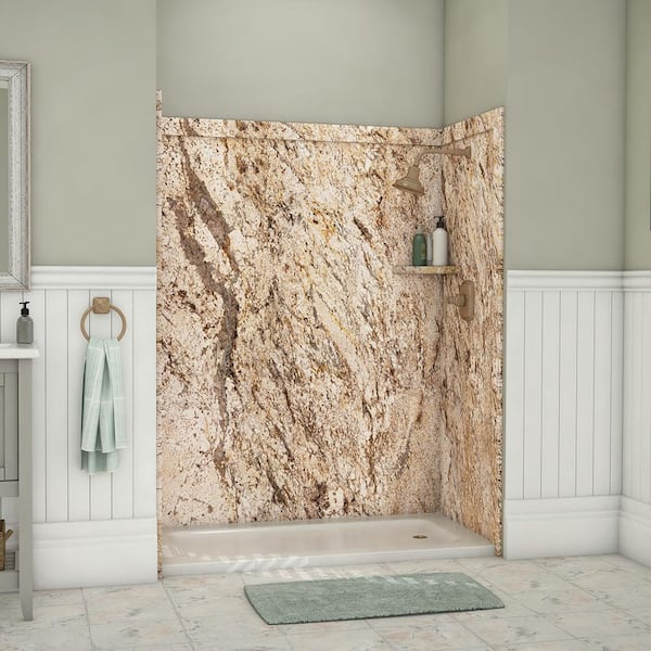 FlexStone Royale 36 in. x 60 in. x 80 in. 11-Piece Easy Up Adhesive Alcove Bathtub/Shower Wall Surround in Golden Beaches