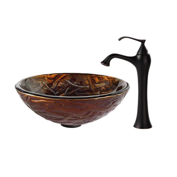 KRAUS Dryad Glass Vessel Sink in Brown with Ventus Faucet in Oil Rubbed Bronze