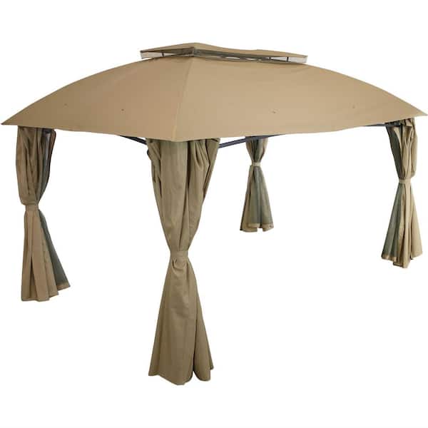 Sunnydaze 13 ft. x 10 ft. Soft Top Tan Gazebo with Mesh Screen and Privacy Walls