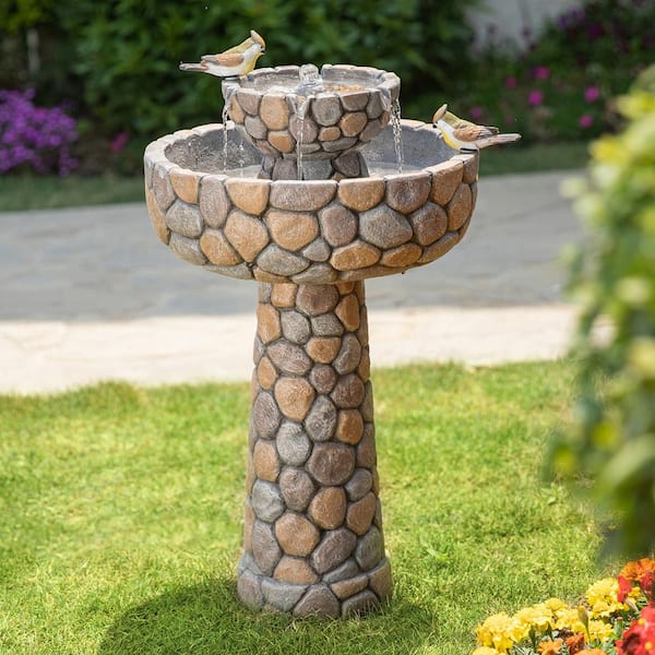 Glitzhome 24.5 in. H Outdoor 2-Tierd Stone-Like Birdbath Floor Fountain