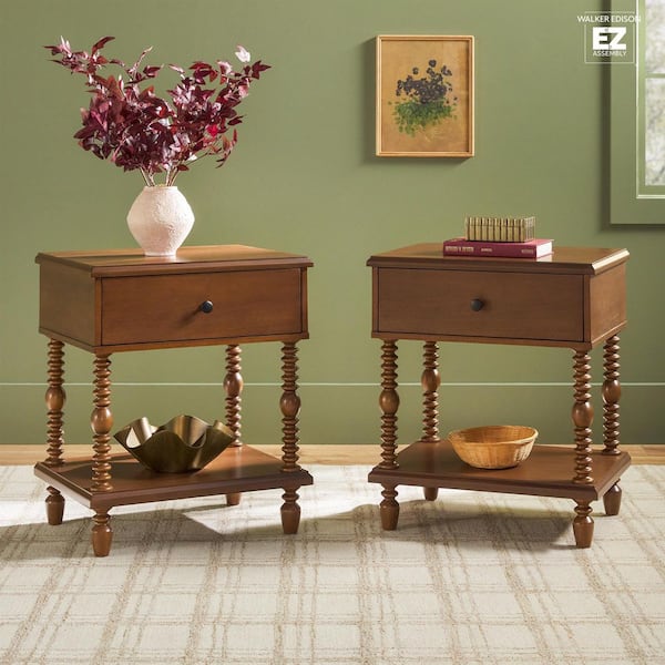 Modern Farmhouse Easy Assembly Dark Brown 1-Drawer 22 in. W Solid Wood Spindle-Detailing Nightstand, Set of 2
