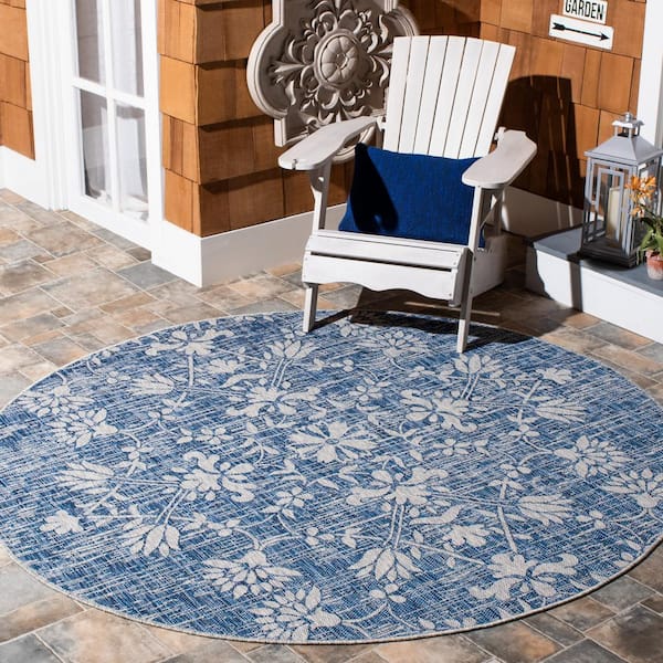 Courtyard Navy/Gray 7 ft. Round Antique Floral Indoor/Outdoor Area Rug