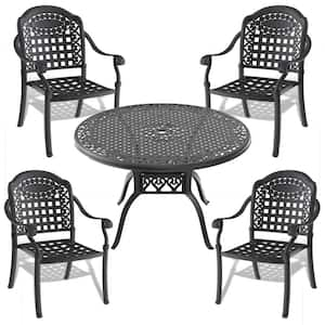 5-Piece Black Cast Aluminum Outdoor Dining Set, Patio Furniture with 47.24 in. Round Table and Random Color Cushions